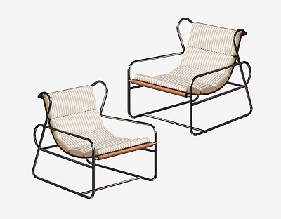 Modern Leisure Chairs With Black Metal Frame Striped Fabric And Wooden Seat 3d model