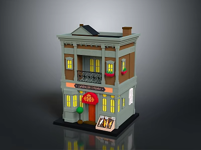 Detailed Miniature Shop Building Model With Red Door Golden Characters Green Tree And Lit Windows 3d model