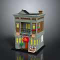 Detailed Miniature Shop Building Model With Red Door Golden Characters Green Tree And Lit Windows