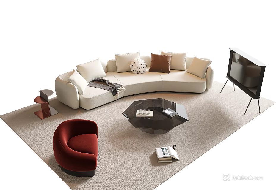 Beige L Sofa with Decorative Pillows Black Hexagonal Coffee Table Set and Red Accent Chair 3d model 