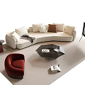 Beige L Sofa with Decorative Pillows Black Hexagonal Coffee Table Set and Red Accent Chair