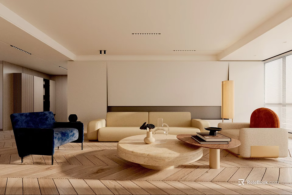 Modern Living Room Interior With Beige Sofa Blue Armchair And Round Coffee Table 3d model 