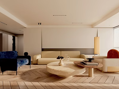 Modern Living Room Interior With Beige Sofa Blue Armchair And Round Coffee Table 3d model
