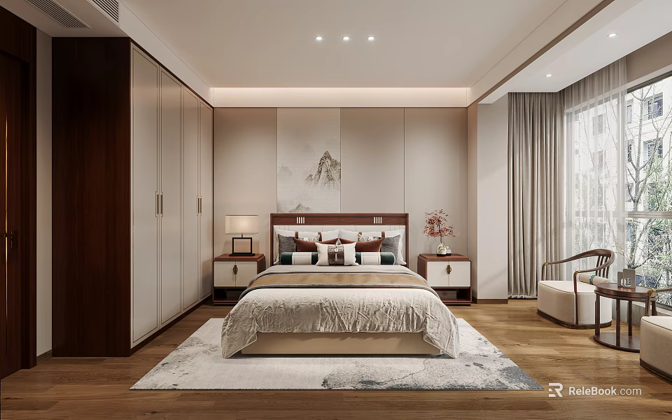 Elegant Bedroom Interior Design With Wooden Headboard Bed Nightstands Table Lamps Decorative Rug And Wardrobe 3d model 