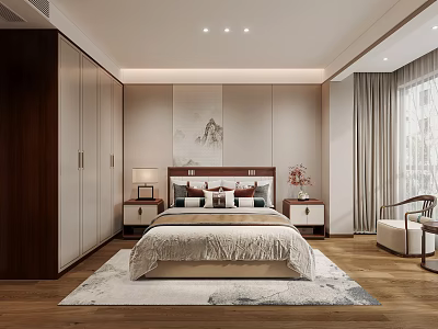 Elegant Bedroom Interior Design With Wooden Headboard Bed Nightstands Table Lamps Decorative Rug And Wardrobe 3d model