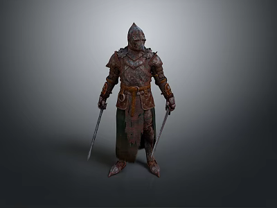 Man In Medieval Armor Holding Two Swords Standing Against Gray Background 3d model