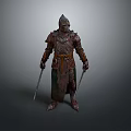 Man In Medieval Armor Holding Two Swords Standing Against Gray Background