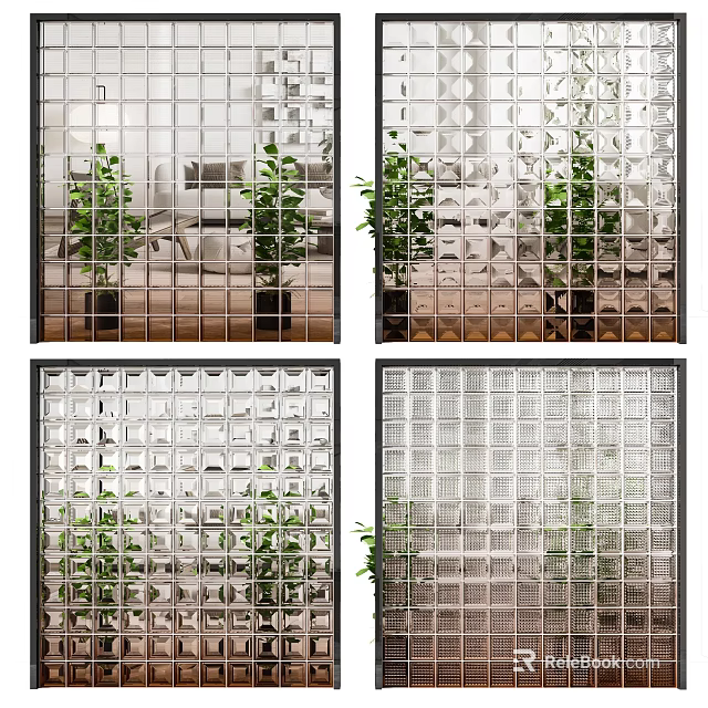 Modern Transparent Block Wall Design With Grid Pattern And Green Plants Background 3d model 