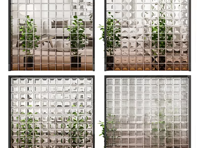 Modern Transparent Block Wall Design With Grid Pattern And Green Plants Background 3d model
