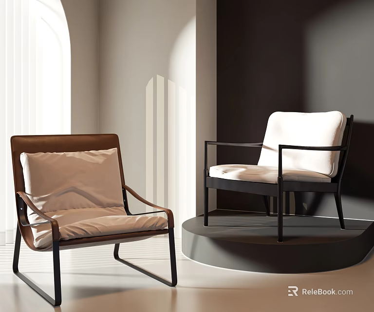 Modern Leisure Accent Chairs In Interior With Brown Black Frames And Light White Cushions 3d model 