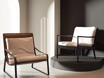 Modern Leisure Accent Chairs In Interior With Brown Black Frames And Light White Cushions 3d model