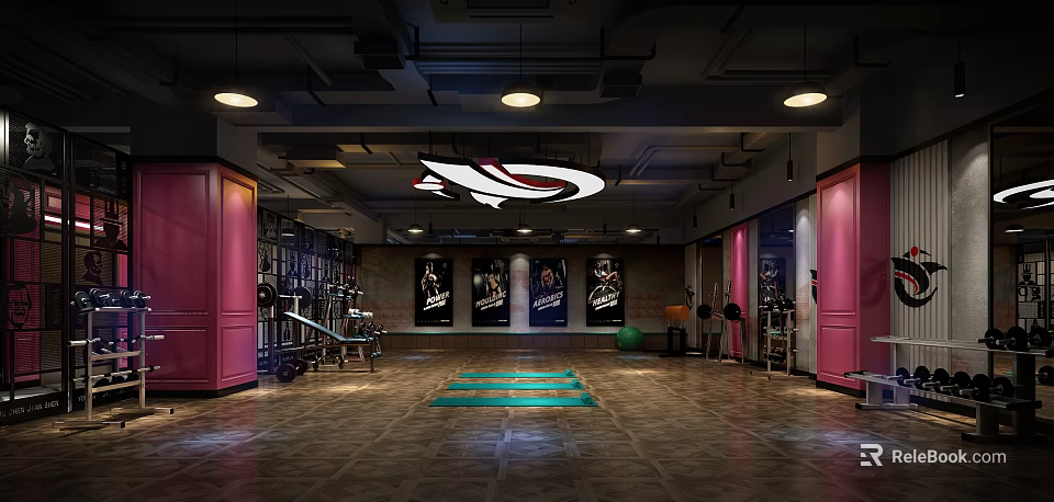 Contemporary Fitness Gym Interior With Pink Pillars Exercise Equipment Wall Posters Yoga Mats And Lights 3d model 