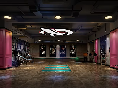 Contemporary Fitness Gym Interior With Pink Pillars Exercise Equipment Wall Posters Yoga Mats And Lights 3d model