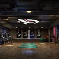 Contemporary Fitness Gym Interior With Pink Pillars Exercise Equipment Wall Posters Yoga Mats And Lights