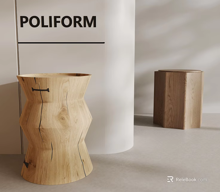 Wooden Side Tables with Unique Geometric Design and Oak Wood Texture in Modern Interior 3d model 