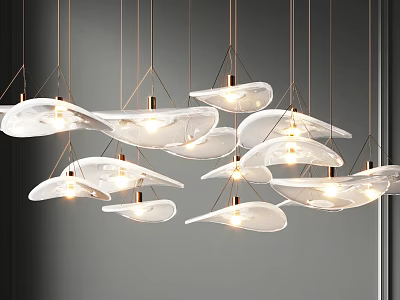 Modern Illuminated Pendant Lights With White Translucent Flowing Shapes Hanging From Ceiling 3d model
