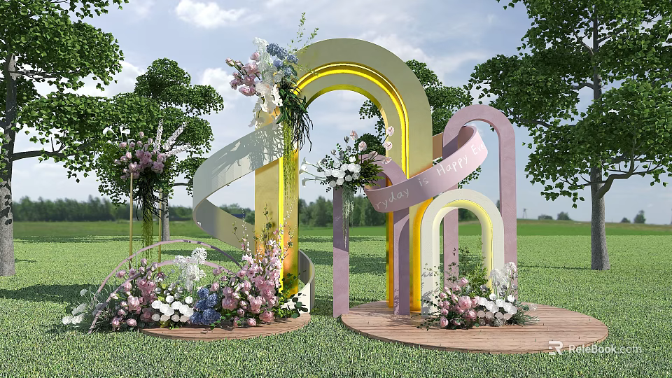 Outdoor Wedding Decoration With Rainbow Arch Flower Arrangements Green Grass And Trees 3d model 