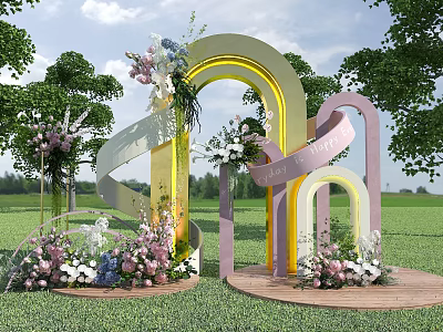Outdoor Wedding Decoration With Rainbow Arch Flower Arrangements Green Grass And Trees 3d model
