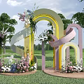 Outdoor Wedding Decoration With Rainbow Arch Flower Arrangements Green Grass And Trees