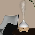 White Wood Essential Oil Diffuser Steaming In Modern Living Room With Armchair And Palm Plant