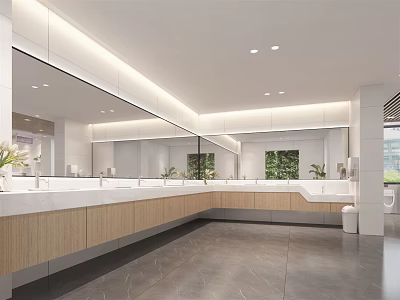 Modern Public Restroom Interior With Spacious Long Washbasins Wooden Cabinets Large Mirrors And Marble Flooring 3d model
