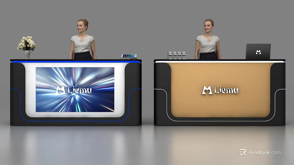 Modern Reception Desks With Illuminated Screens And Menu Logo Design Elements 3d model 