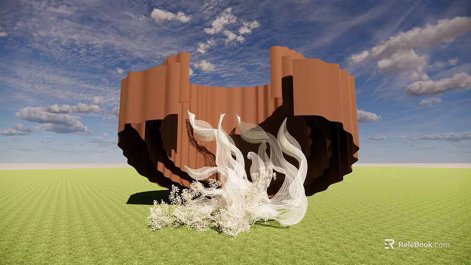Brown Sculptural Structure With White Flowing Forms On Green Field Under Blue Sky 3d model 