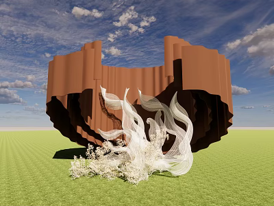 Brown Sculptural Structure With White Flowing Forms On Green Field Under Blue Sky 3d model