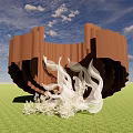 Brown Sculptural Structure With White Flowing Forms On Green Field Under Blue Sky