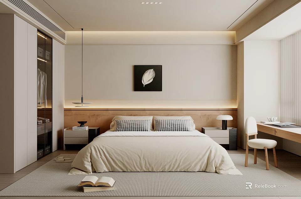 Modern Bedroom Interior Design With Wooden Headboard Beige Bedding And Feather Wall Art 3d model 