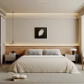 Modern Bedroom Interior Design With Wooden Headboard Beige Bedding And Feather Wall Art
