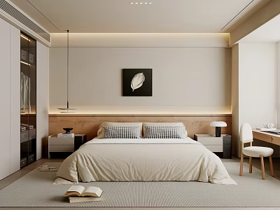 Modern Bedroom Interior Design With Wooden Headboard Beige Bedding And Feather Wall Art 3d model