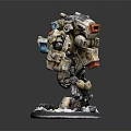 Sci-Fi Mechanical Warrior Sculpture with Detailed Armor Weapon Red White Accents on Snowy Base