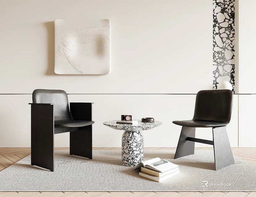 Modern Black Chair And Marble Table Set With Decorative Wall Art And Rug 3d model 