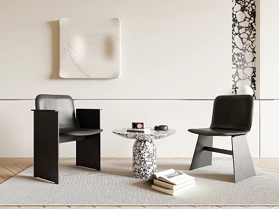 Modern Black Chair And Marble Table Set With Decorative Wall Art And Rug 3d model