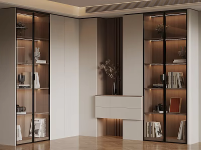 Modern Built in Bookcase Interior Design With Glass Doors Books Decorations And Drawer Cabinet 3d model