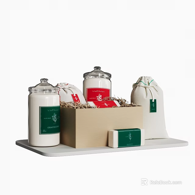 Spice Jars in Kraft Paper Gift Box with Green Labels and White Tray 3d model 