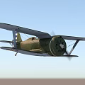 Vintage Green Biplane Fighter Plane Flying With Propeller In Blue Sky