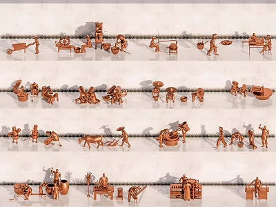 Copper Colored Small Sculptures Depicting Various Daily Activity Figures Arranged In Rows 3d model
