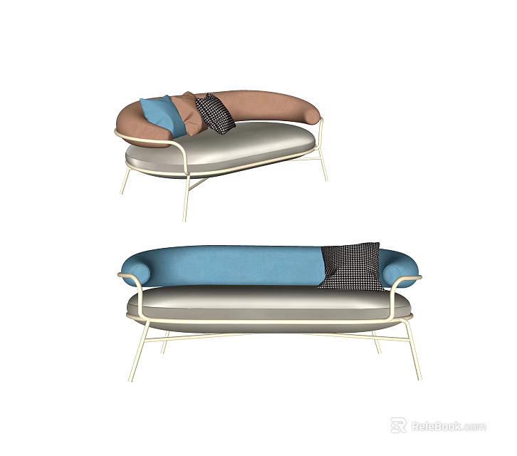 Modern Sectional Sofa With Blue Brown Cushions And Metal Frame Design 3d model 