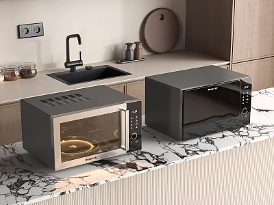 Modern Kitchen Featuring Two Sleek Microwaves On Marble Countertop And Cabinets 3d model