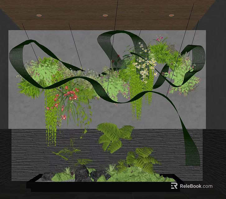Creative Garden Decor With Hanging Green Plants Black Ribbons And Gray Wall 3d model 