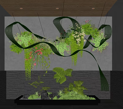 Creative Garden Decor With Hanging Green Plants Black Ribbons And Gray Wall 3d model