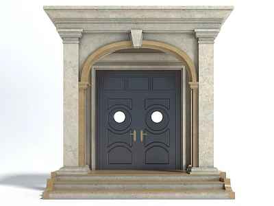 Classical Decorative Stone Arched Doorway With Dark Double Door Circular Windows And Steps 3d model
