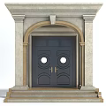 Classical Decorative Stone Arched Doorway With Dark Double Door Circular Windows And Steps 3d model