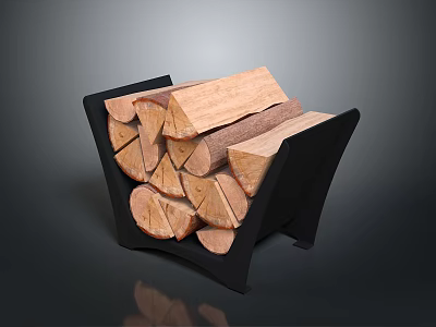 Stacked Split Wooden Logs In Black Metal Wood Rack For Firewood Storage 3d model
