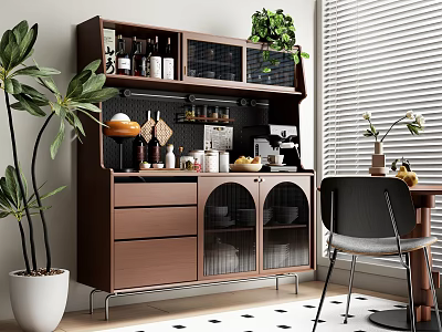 Modern Brown Wooden Sideboard In Dining Corner With Coffee Machine Green Plants And Wine Bottles 3d model