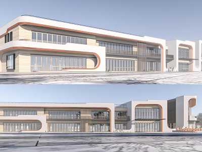 Modern School Building Exterior With Curved Architecture Large Glass Windows And Stone Accents 3d model