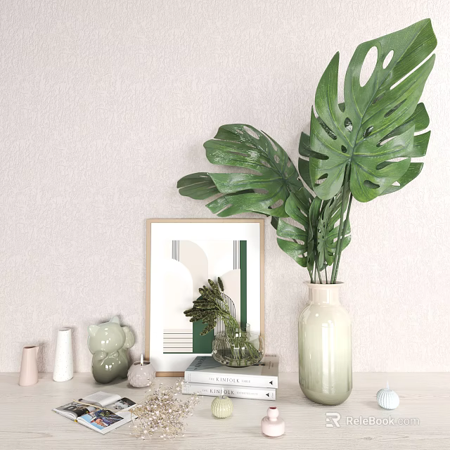 Stylish Decorative Ornament Set With Large Green Leaves Plant Framed Artwork And Ceramic Vase 3d model 