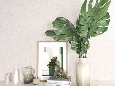 Stylish Decorative Ornament Set With Large Green Leaves Plant Framed Artwork And Ceramic Vase 3d model